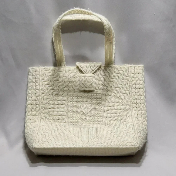 Handbags - Vintage Needlepoint Plastic Canvas Tote Bag Ivory